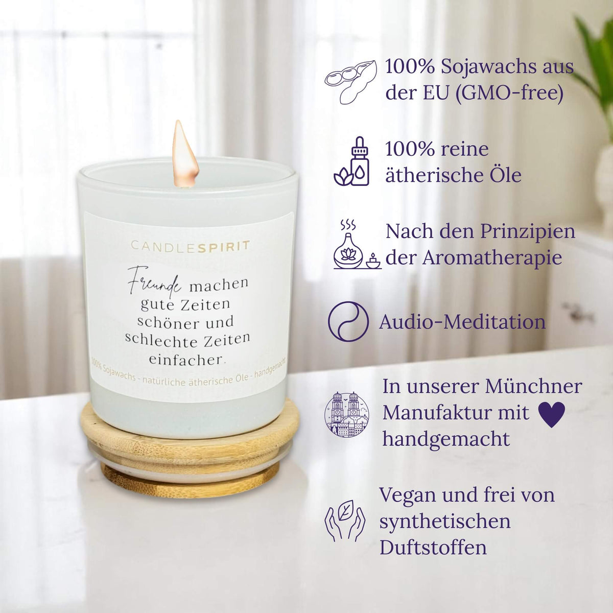Audio-Duftkerze "Freunde machen gute Zeiten schöner und schlechte Zeiten einfacher." mit ätherischen Ölen & Audio-Meditation