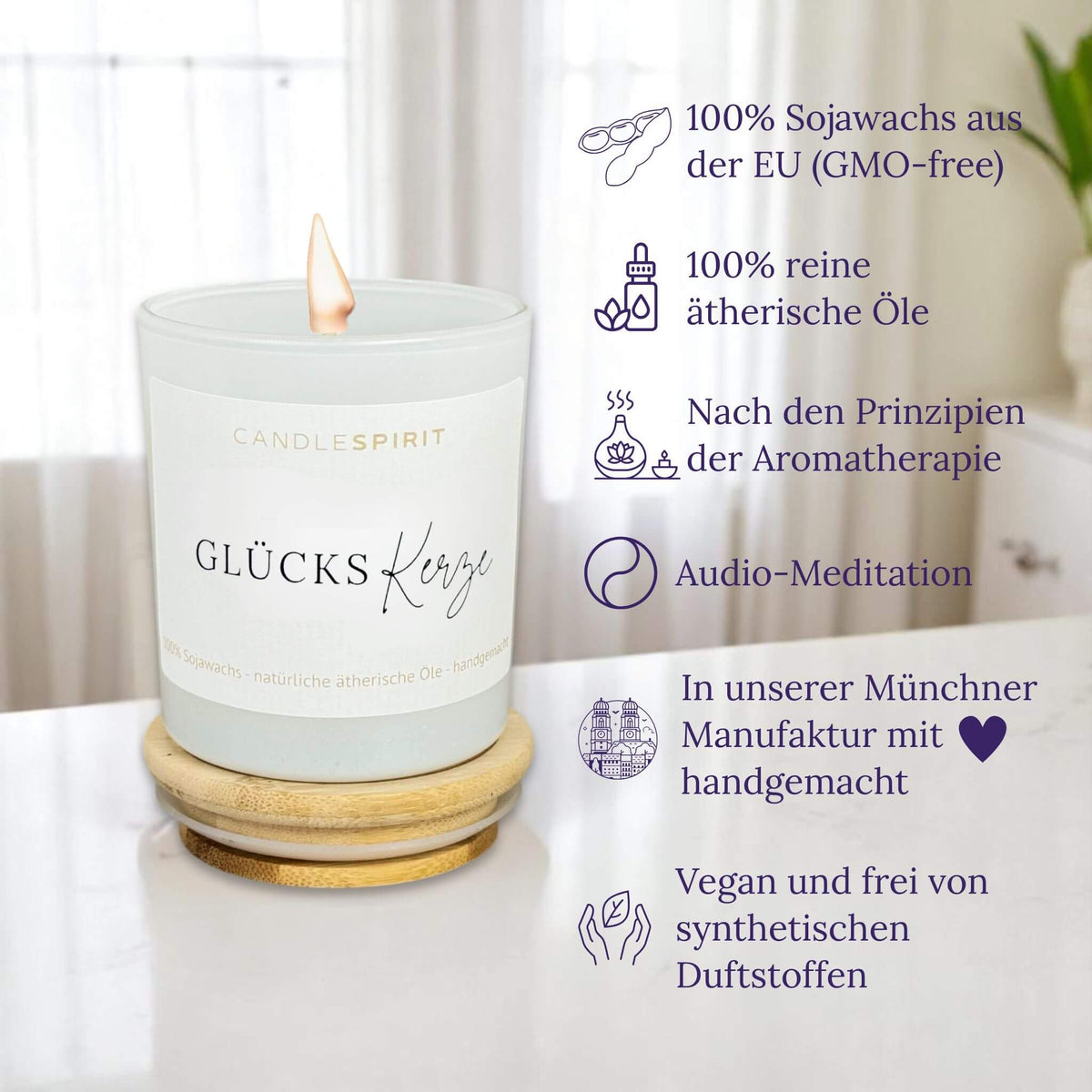 Audio-Duftkerze "Glückskerze" mit ätherischen Ölen & Audio-Meditation