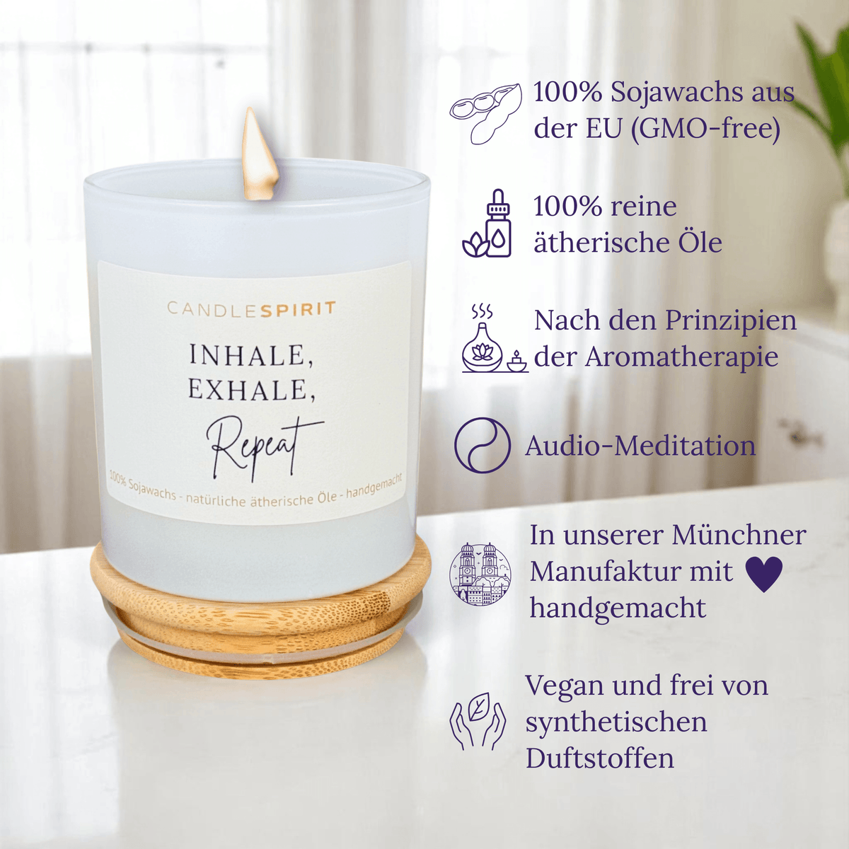 Audio-Duftkerze "Inhale, Exhale - Repeat" mit ätherischen Ölen & Audio-Meditation