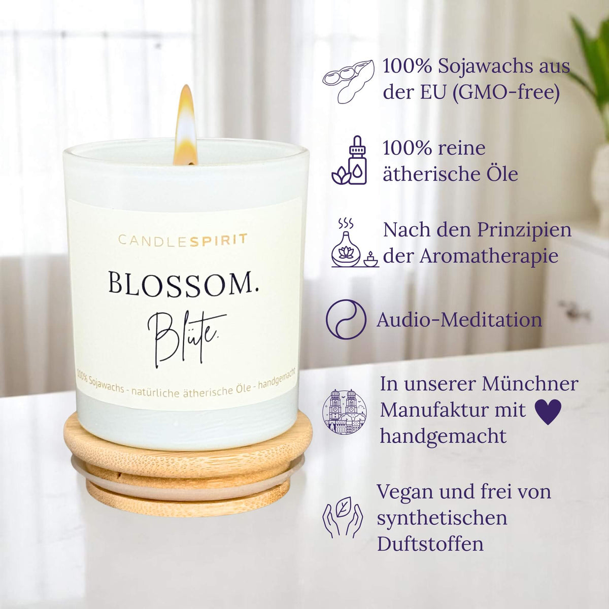 Audio-Duftkerze "BLOSSOM" riecht geheimnisvoll-floral mit ätherischen Ölen & Audio-Meditation