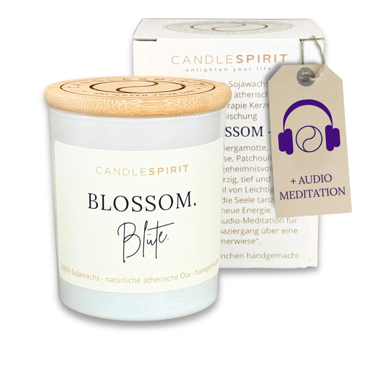 Audio-Duftkerze "BLOSSOM" riecht geheimnisvoll-floral mit ätherischen Ölen & Audio-Meditation