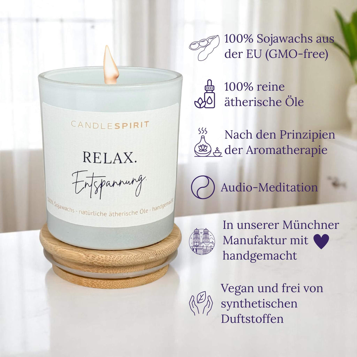 Duftkerze "RELAX. Entspannung." riecht tropisch-floral mit ätherischen Ölen & Audio-Meditation
