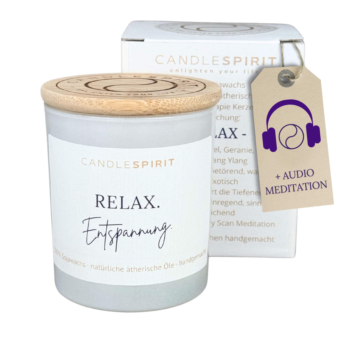 Duftkerze "RELAX. Entspannung." riecht tropisch-floral mit ätherischen Ölen & Audio-Meditation