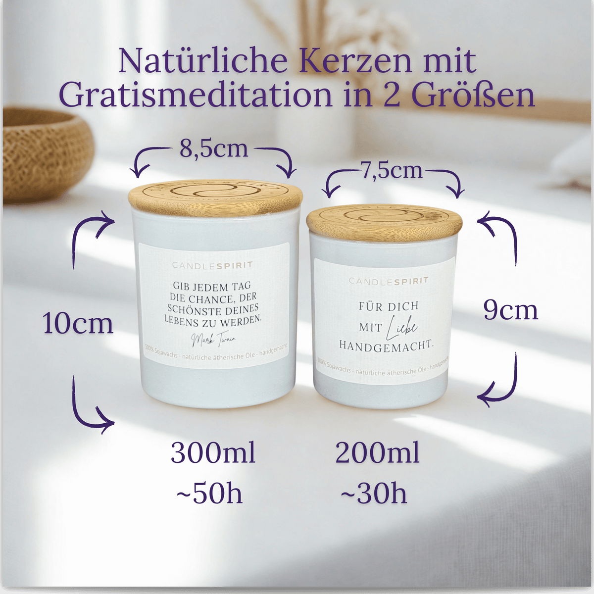 CANDLESPIRIT Duftkerze "Gib jedem Tag die Chance der Schönste... Mark Twain" mit ätherischen Ölen & Audio-Meditation, in zwei Größen: 30h und 50h Brennfreude