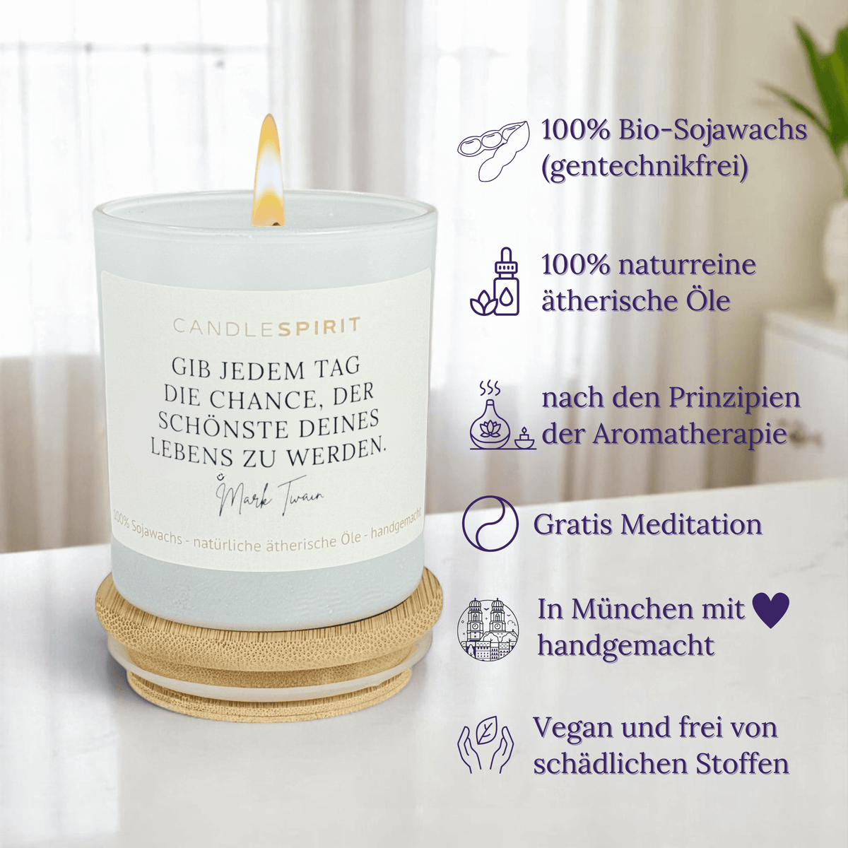 CANDLESPIRIT Duftkerze "Gib jedem Tag die Chance der Schönste... Mark Twain" mit ätherischen Ölen & Audio-Meditation handgemacht in München