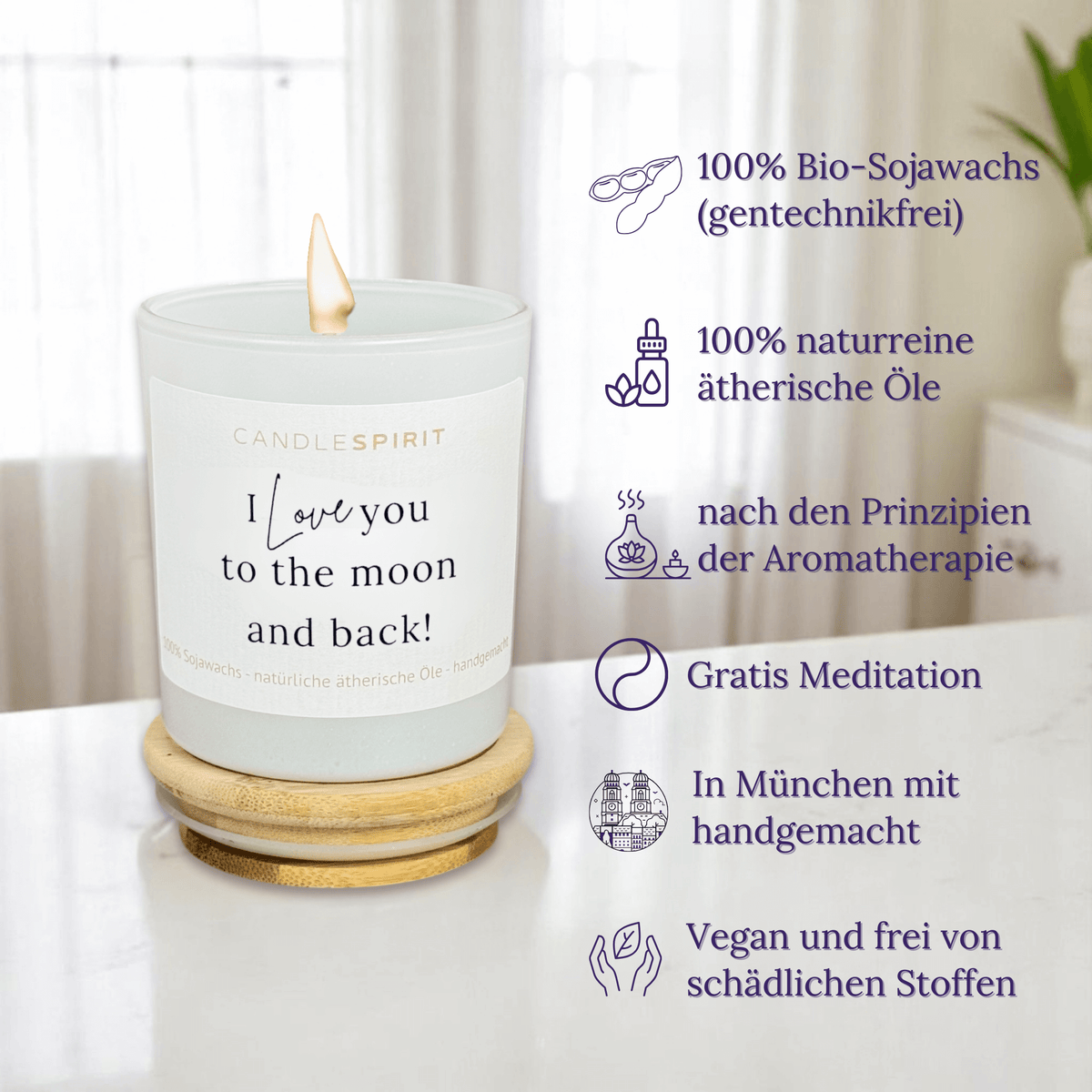 Duftkerze "I love you to the moon and back!" mit ätherischen Ölen & Audio-Meditation