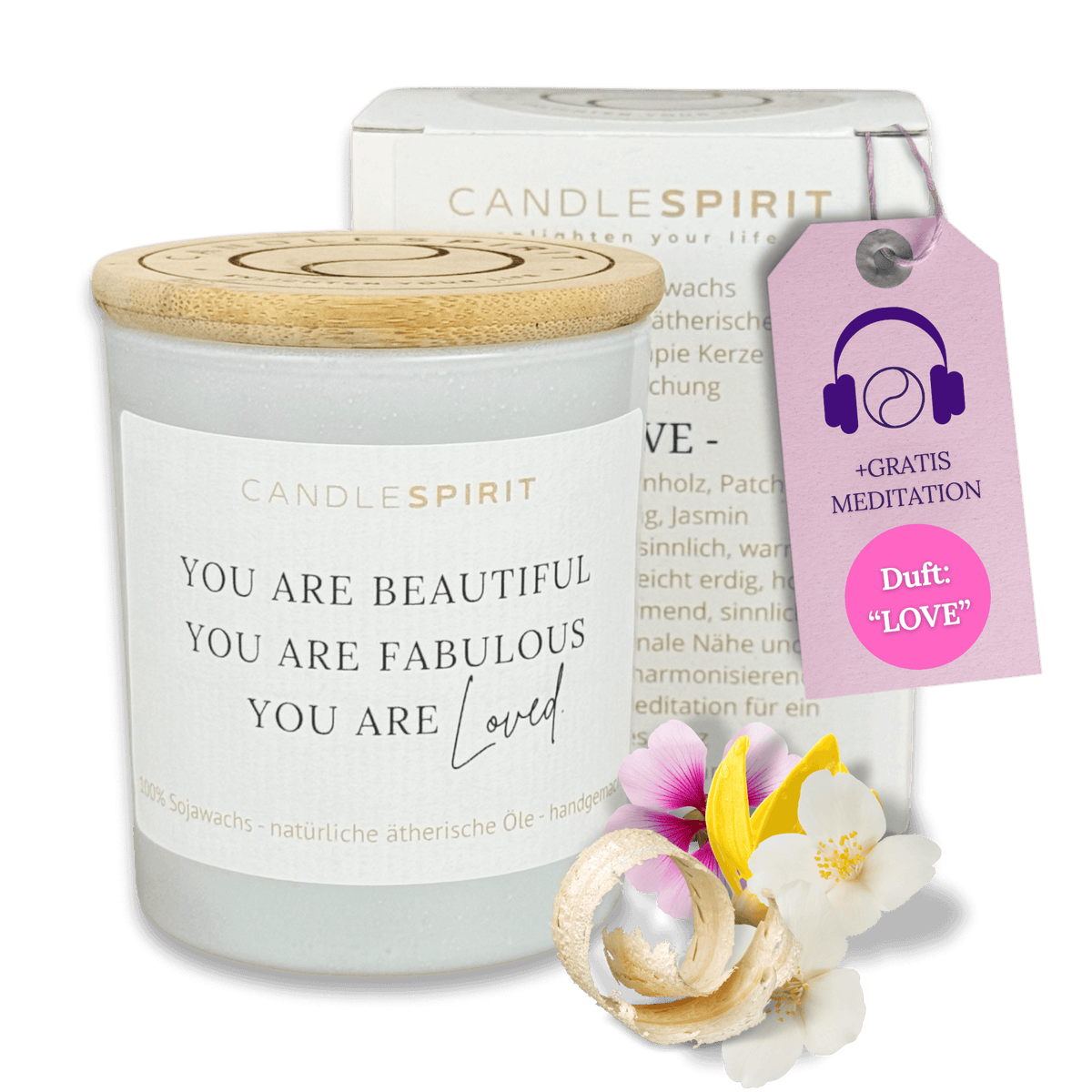 Duftkerze "You are beautiful, you are fabulous, you are loved" mit ätherischen Ölen & Audio-Meditation