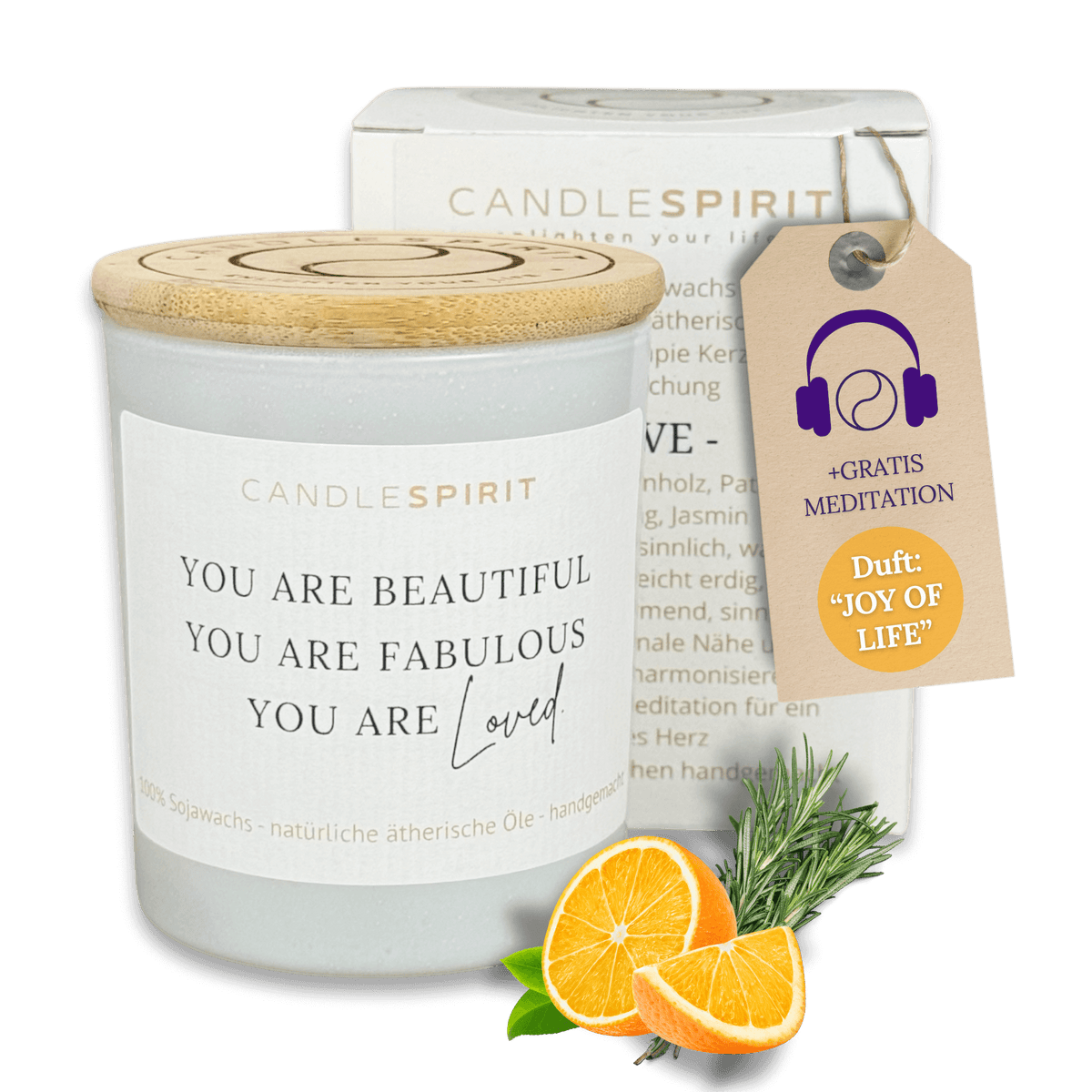 Duftkerze "You are beautiful, you are fabulous, you are loved" mit ätherischen Ölen & Audio-Meditation
