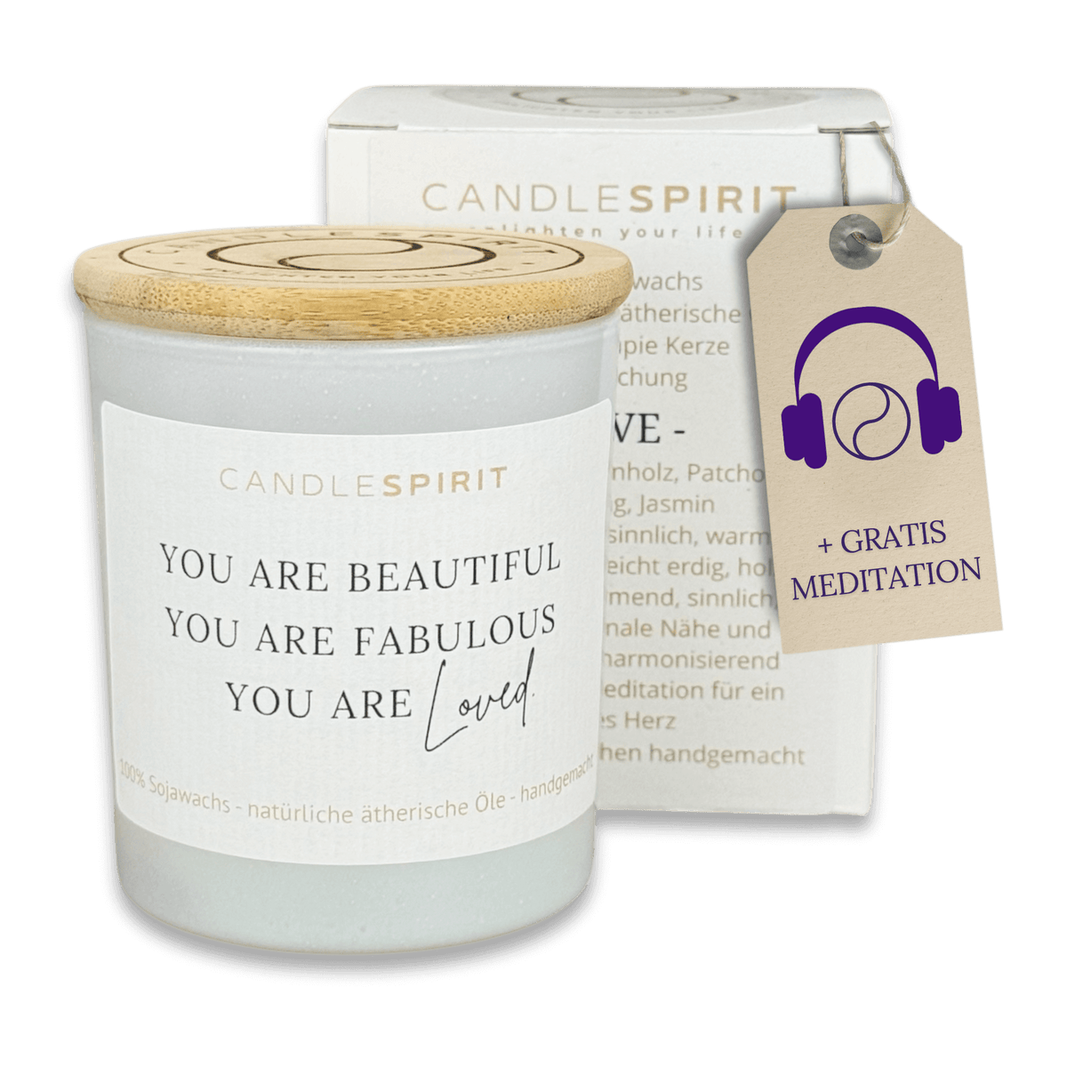 Duftkerze "You are beautiful, you are fabulous, you are loved" mit ätherischen Ölen & Audio-Meditation