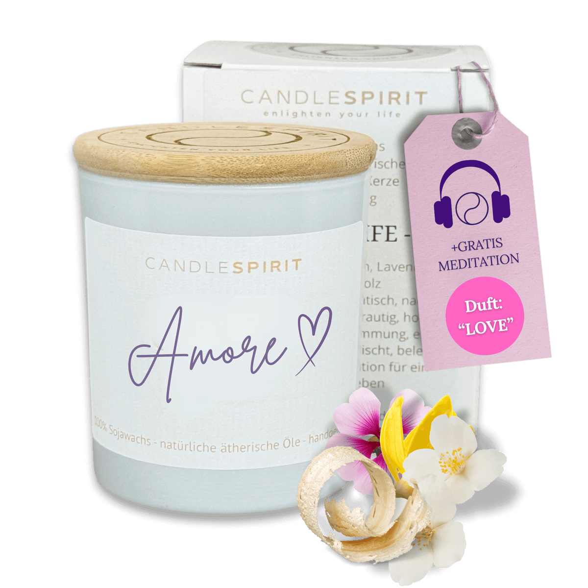 Duftkerze "Amore" riecht exotisch-blumig aus natürlichen Inhaltsstoffen & Audio-Meditation