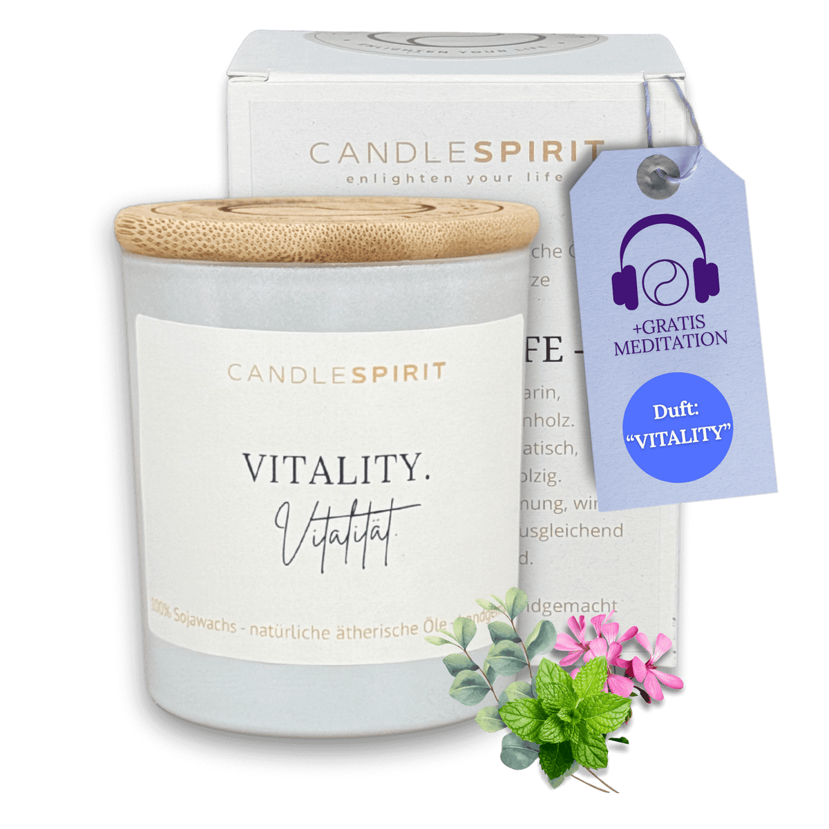 Duftkerze "VITALITY. Vitalität" mit natürlicher Pfefferminze, Eukalyptus & Audio Meditation
