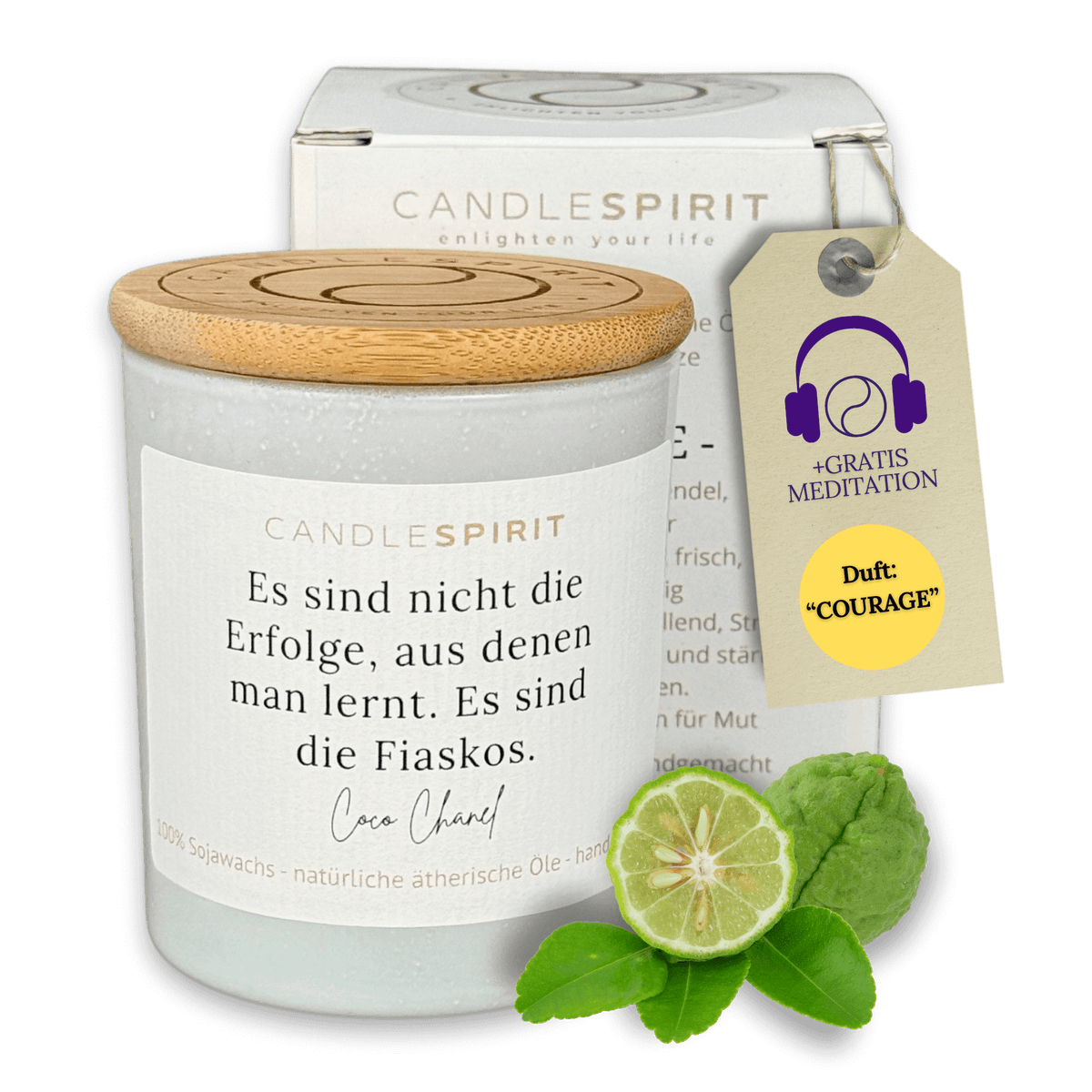 Duftkerze "Es sind nicht die Erfolge, aus denen man lernt, es sind die Fiaskos. Coco Chanel" mit ätherischen Ölen & Audio-Meditation