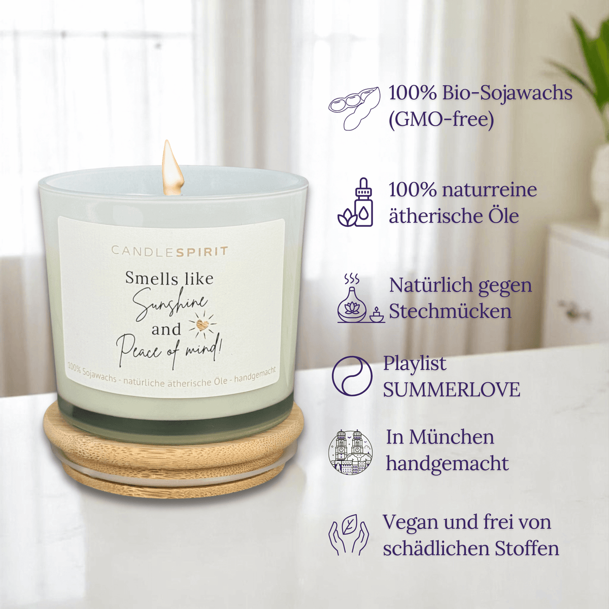 Duftkerze "Smells like Sunshine and Peace of Mind" Duft "SUMMERLOVE" aus Citronella & Lemongras | 50h