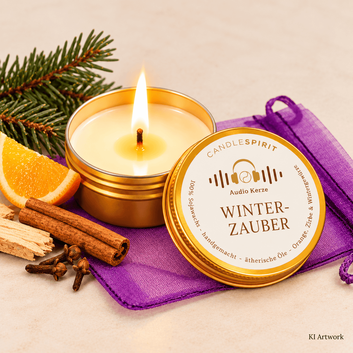 Audio-Duftkerze "WINTERZAUBER" in Reisegröße riecht festlich-würzig mit Audio-Meditation 50ml