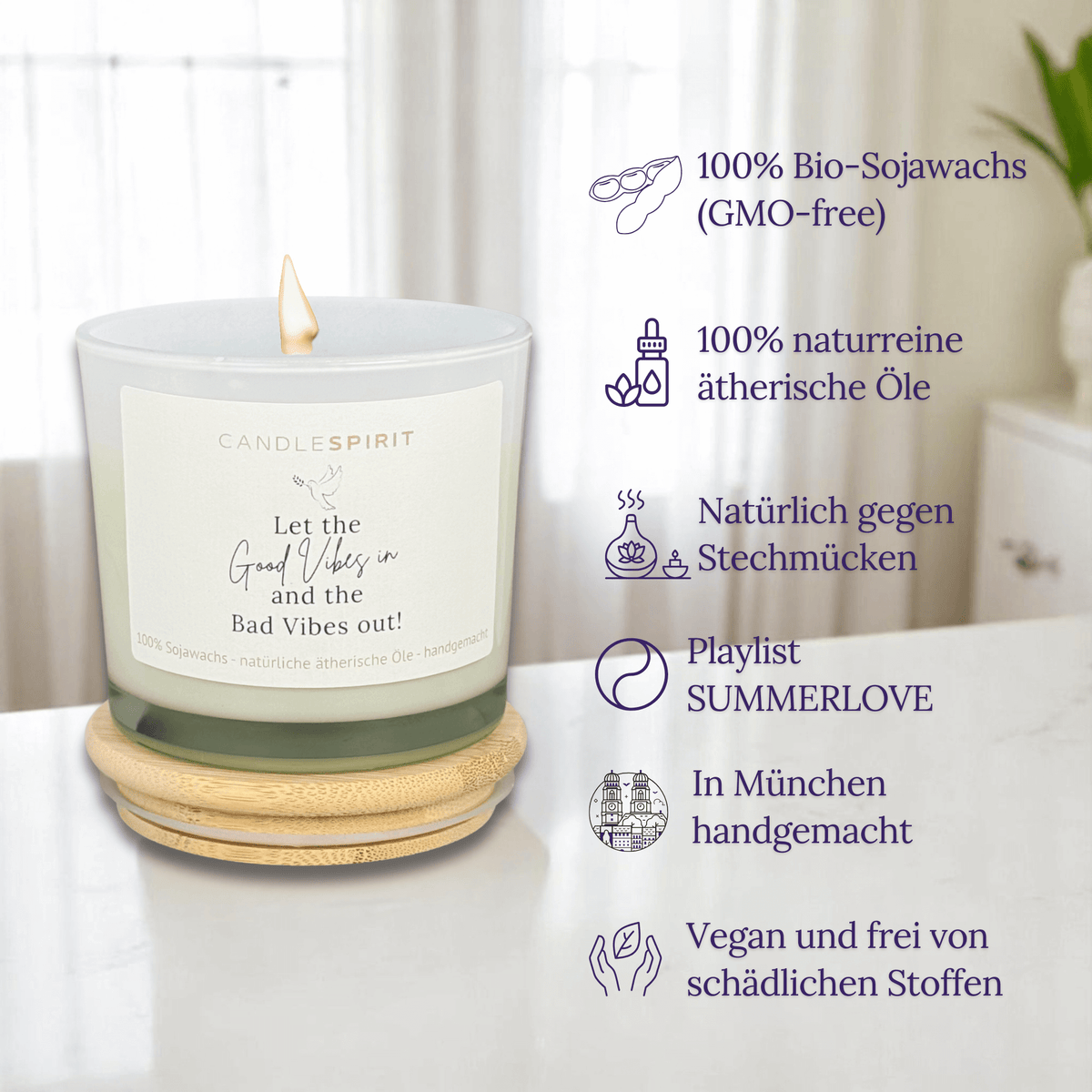 Duftkerze "Let the Good Vibes in and the Bad Vibes out!" Duft "SUMMERLOVE" mit Citronella & Lemongras | Bio-Sojawachs & reine ätherische Öle | 50h
