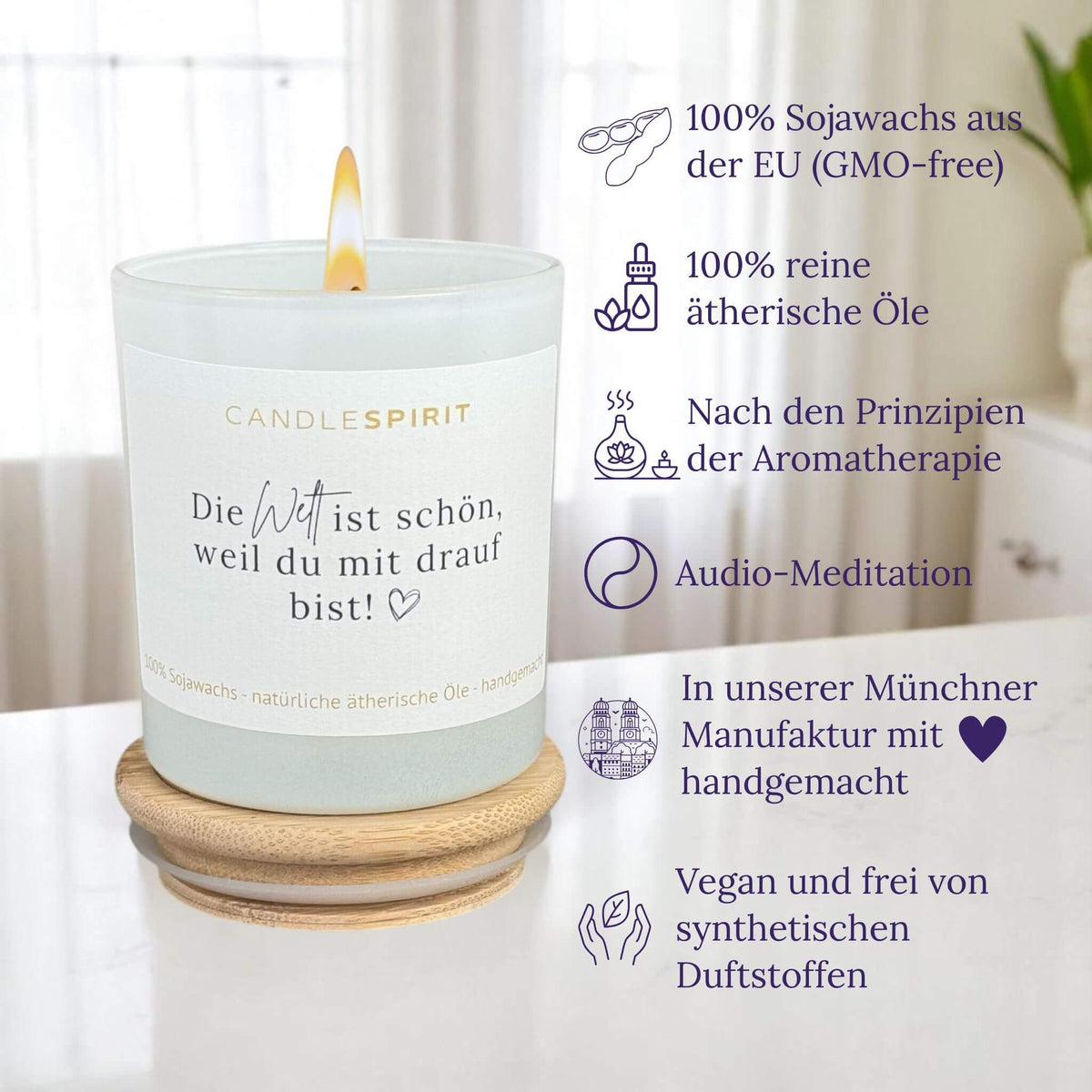 Audio-Duftkerze "Die Welt ist schön, weil Du mit drauf bist!" mit ätherischen Ölen & Audio-Meditation