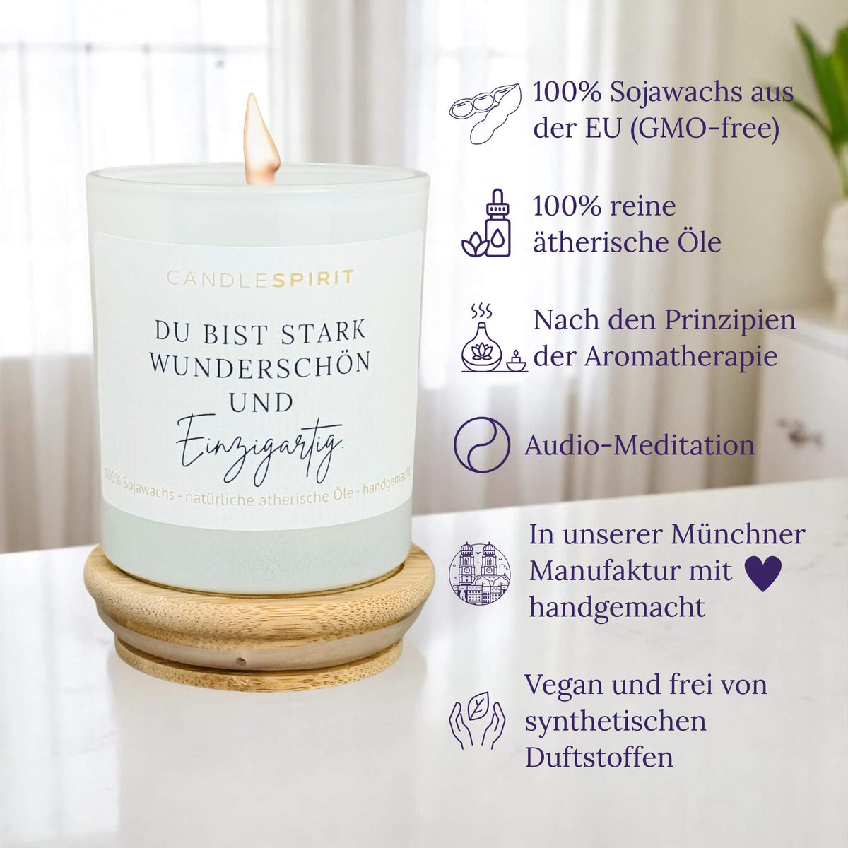 Audio-Duftkerze "Du bist stark, wunderschön und einzigartig" mit ätherischen Ölen & Audio-Meditation
