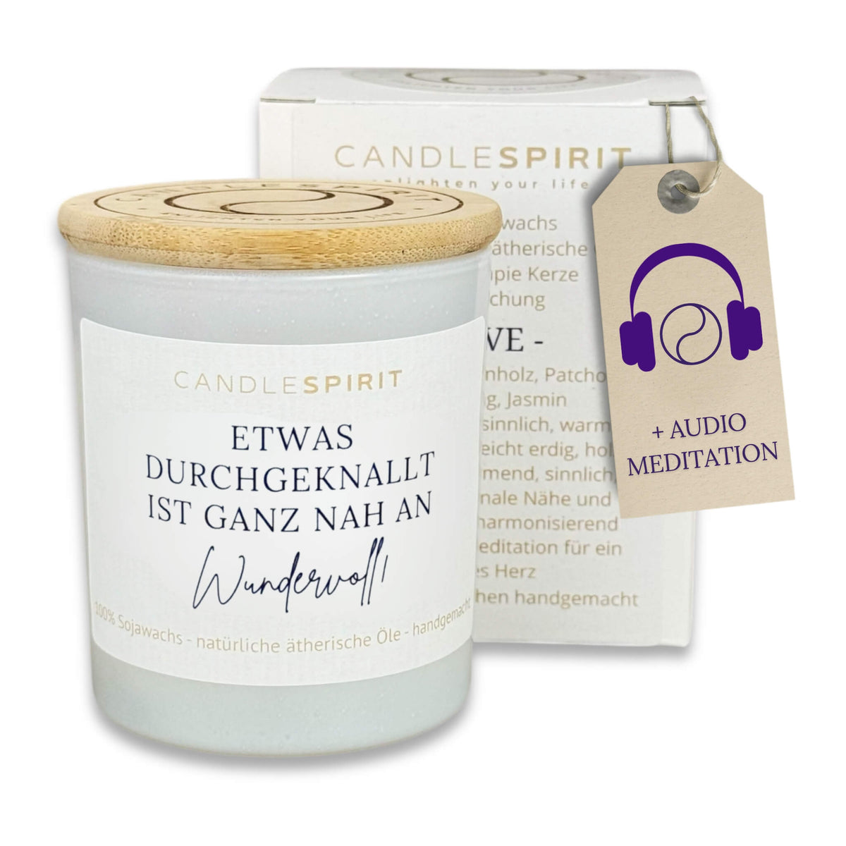 Audio-Duftkerze "Etwas durchgeknallt ist ganz nah an Wundervoll" mit ätherischen Ölen & Audio-Meditation