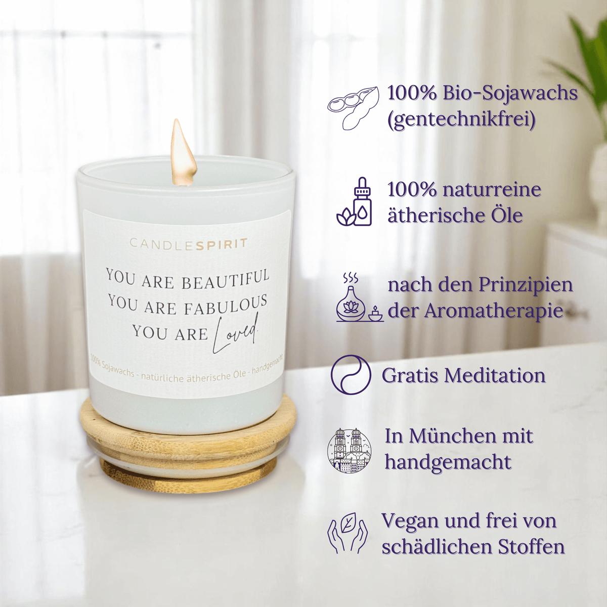 Duftkerze "You are beautiful, you are fabulous, you are loved"  mit ätherischen Ölen & Audio-Meditation