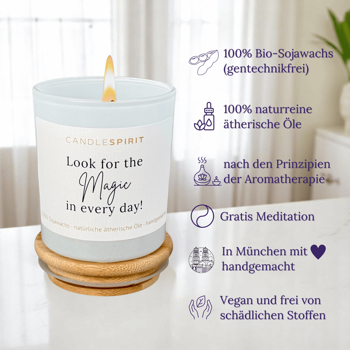 CANDLESPIRIT Duftkerze "Look for the magic in every day" ätherische Öle & Audio-Meditation Übersicht der USPs