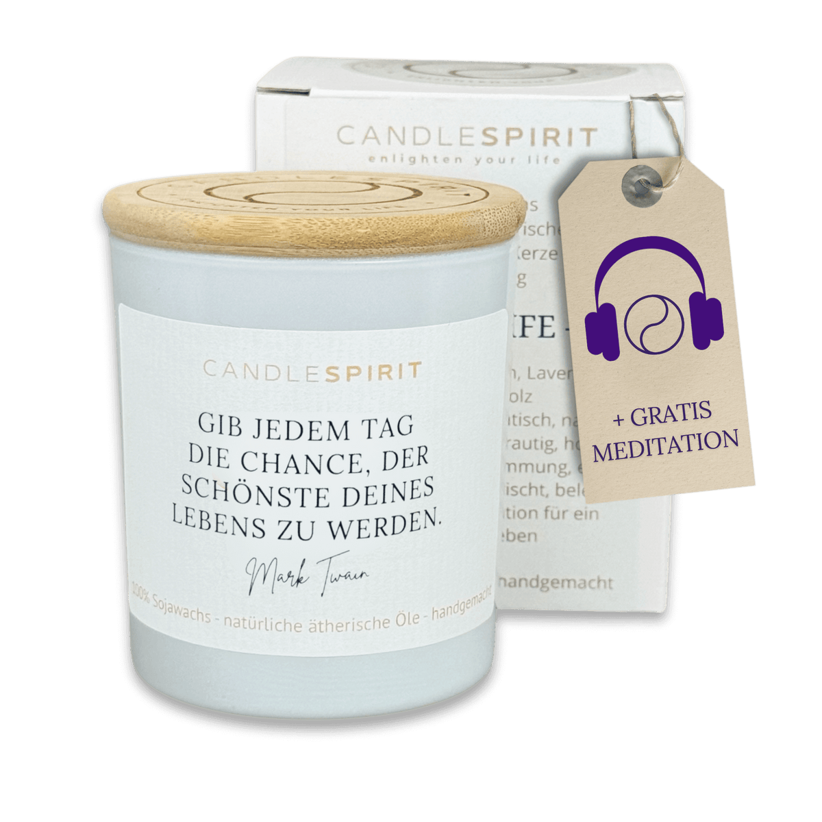 CANDLESPIRIT Duftkerze "Gib jedem Tag die Chance der Schönste... Mark Twain" mit ätherischen Ölen & Audio-Meditation Ansicht 1