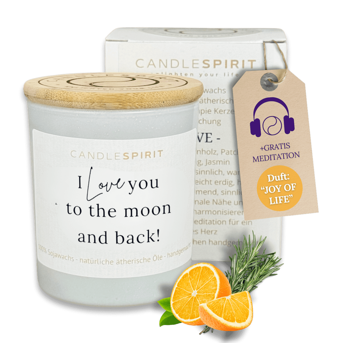 Duftkerze "I love you to the moon and back!" mit ätherischen Ölen & Audio-Meditation