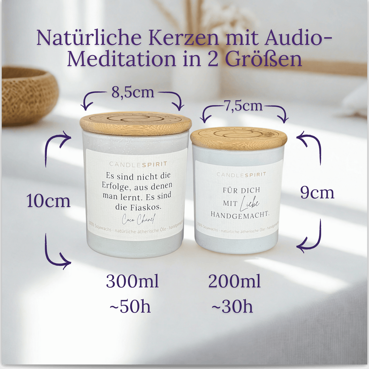 Duftkerze "Es sind nicht die Erfolge, aus denen man lernt, es sind die Fiaskos. Coco Chanel" mit ätherischen Ölen & Audio-Meditation
