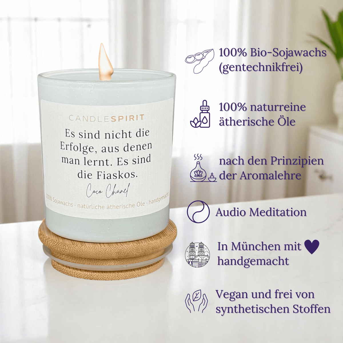 Duftkerze "Es sind nicht die Erfolge, aus denen man lernt, es sind die Fiaskos. Coco Chanel" mit ätherischen Ölen & Audio-Meditation