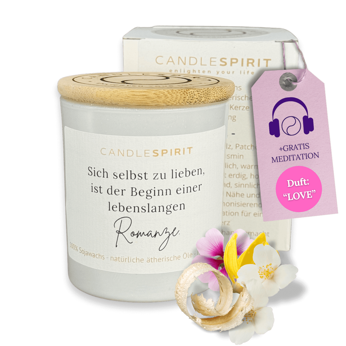 Duftkerze "Sich selbst zu lieben ist der Beginn einer lebenslangen Romanze." mit ätherischen Ölen & Audio-Meditation | Duft LOVE für die Liebe