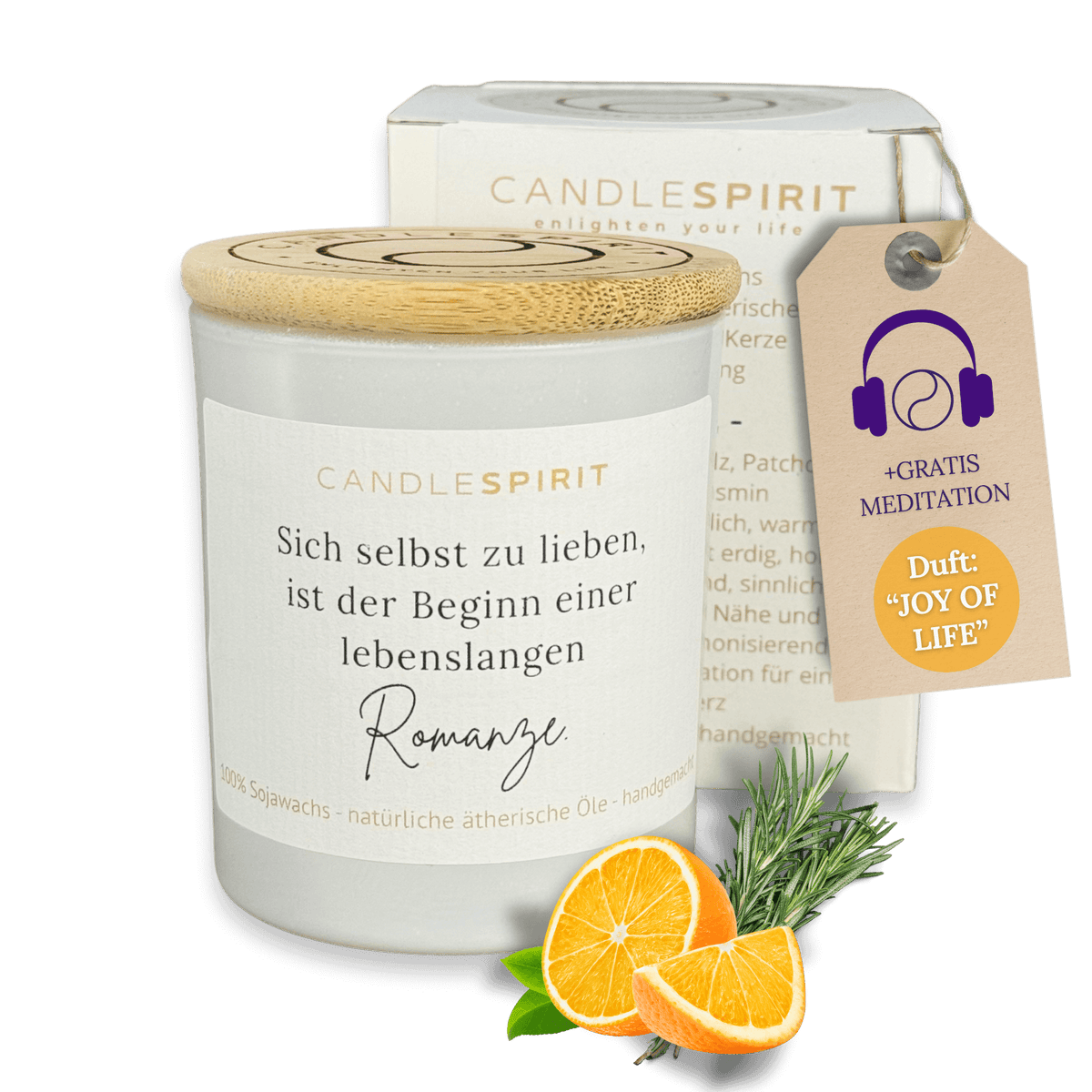 Duftkerze "Sich selbst zu lieben ist der Beginn einer lebenslangen Romanze." mit ätherischen Ölen & Audio-Meditation | Duft JOY OF LIFE für good vibes