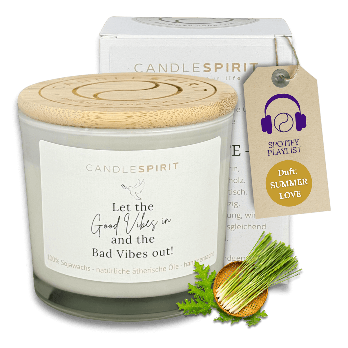 Duftkerze mit Zitat: Let he good vibes in and the good Vibes out. Duft SUMMERLOVE