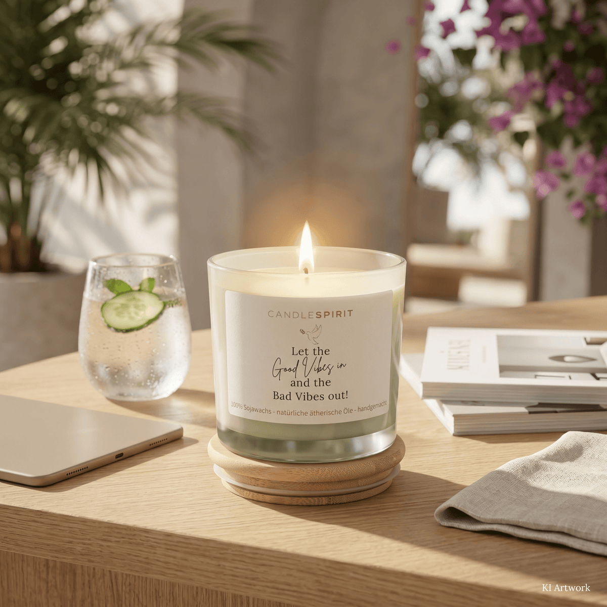 CANDLESPIRIT SUMMERLOVE Duftkerze mit dem Zitat "Let the good Vibes in and the bad Vides out" Natürliches Citronella und Lemongras- Das Moodbild wurde mit Hilfe von KI erstellt. Die Kerzen sind handgemacht.