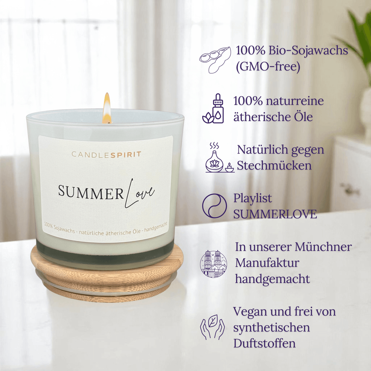 Duftkerze "SUMMERLOVE" mit natürlichem Citronella & Lemongras | Sojawachs | 50h Brenndauer