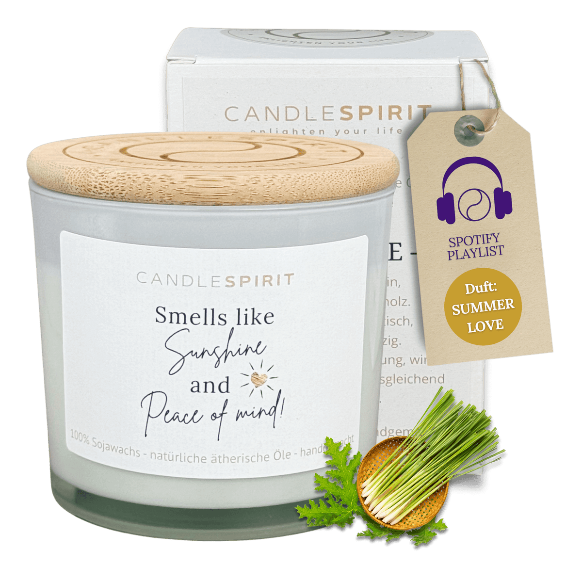 Duftkerze "Smells like Sunshine and Peace of Mind" Duft "SUMMERLOVE" aus Citronella & Lemongras | 50h