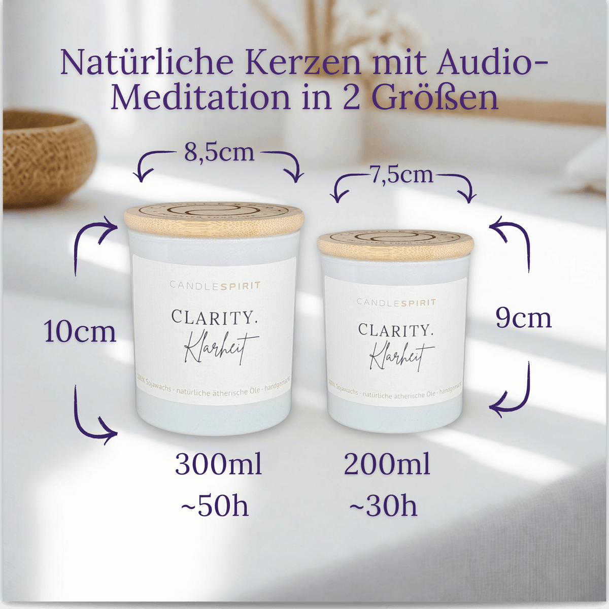 CANDLESPIRIT Duftkerze mit Pfefferminz, Eukalyptus und der Aufschift "CLARITY.Klarheit" in 2 Größen