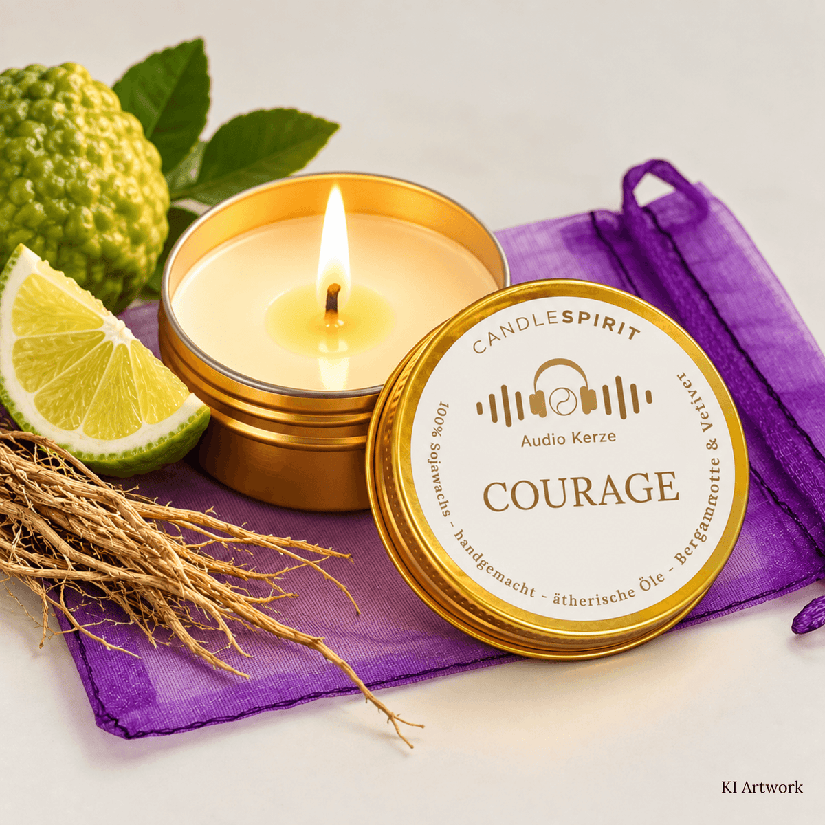 Audio-Duftkerze "COURAGE" in Reisegröße riecht zitronig-herb mit ätherischen Ölen & Audio-Meditation 50ml | ~10h Brennfreude