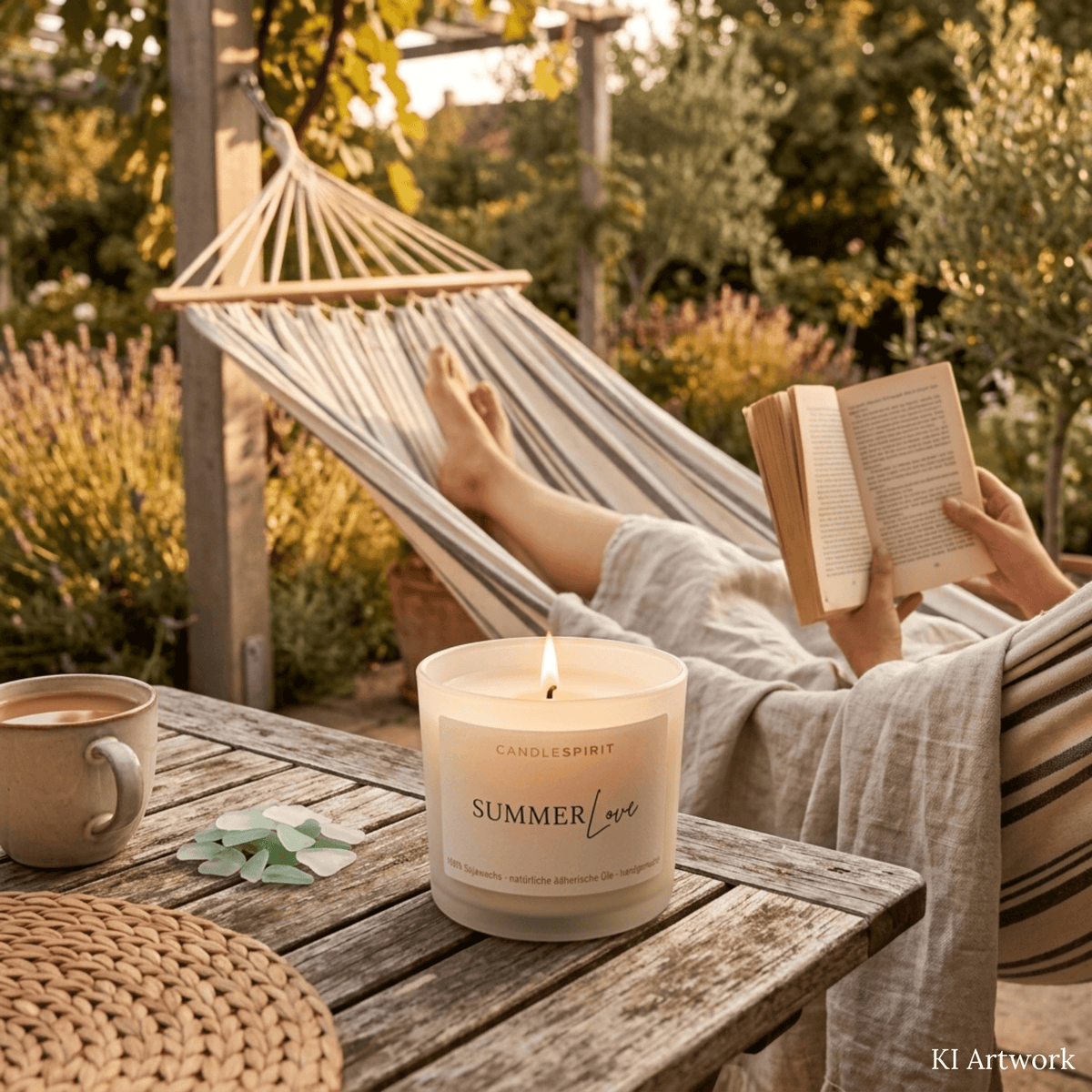 Duftkerze SUMMERLOVE auf einem Tisch in entspannter Atmosphäre. Mit KI unterstütztes Moodbild.