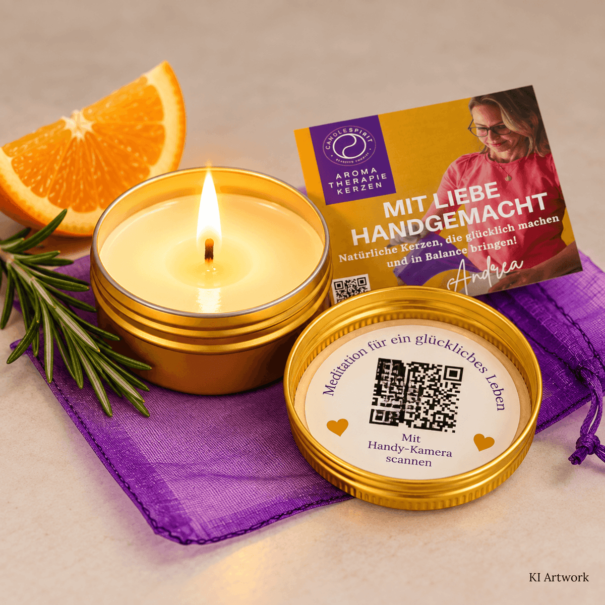 JOY OF LIFE Reisekerze  mit QR Code zur Audio-Meditation .KI Artwork mit Orange und Rosmarin
