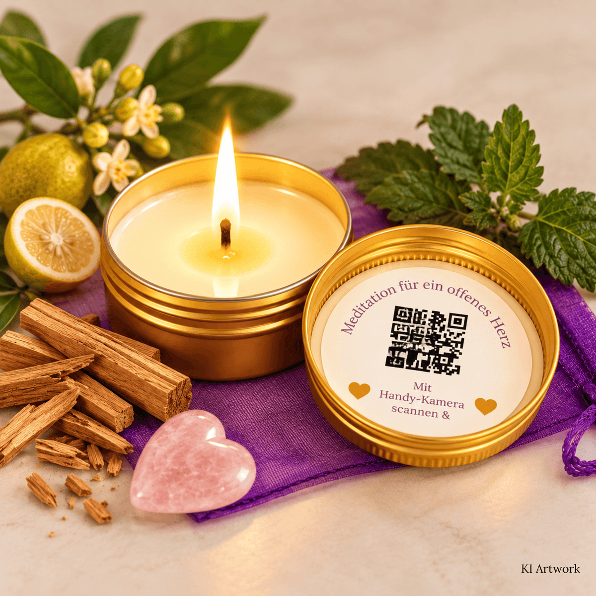 LOVE Reisekerze brennt QR Code zur Audio- Meditation riecht exotisch-warm KI Artwork