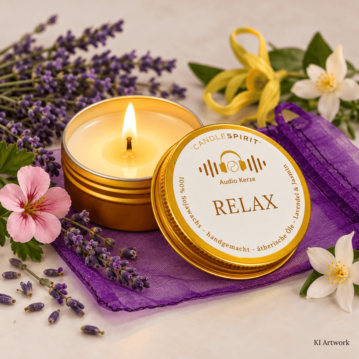 Audio-Duftkerze "RELAX" in Reisegröße riecht tropisch-floral mit ätherischen Ölen & Audio-Meditation | 50ml