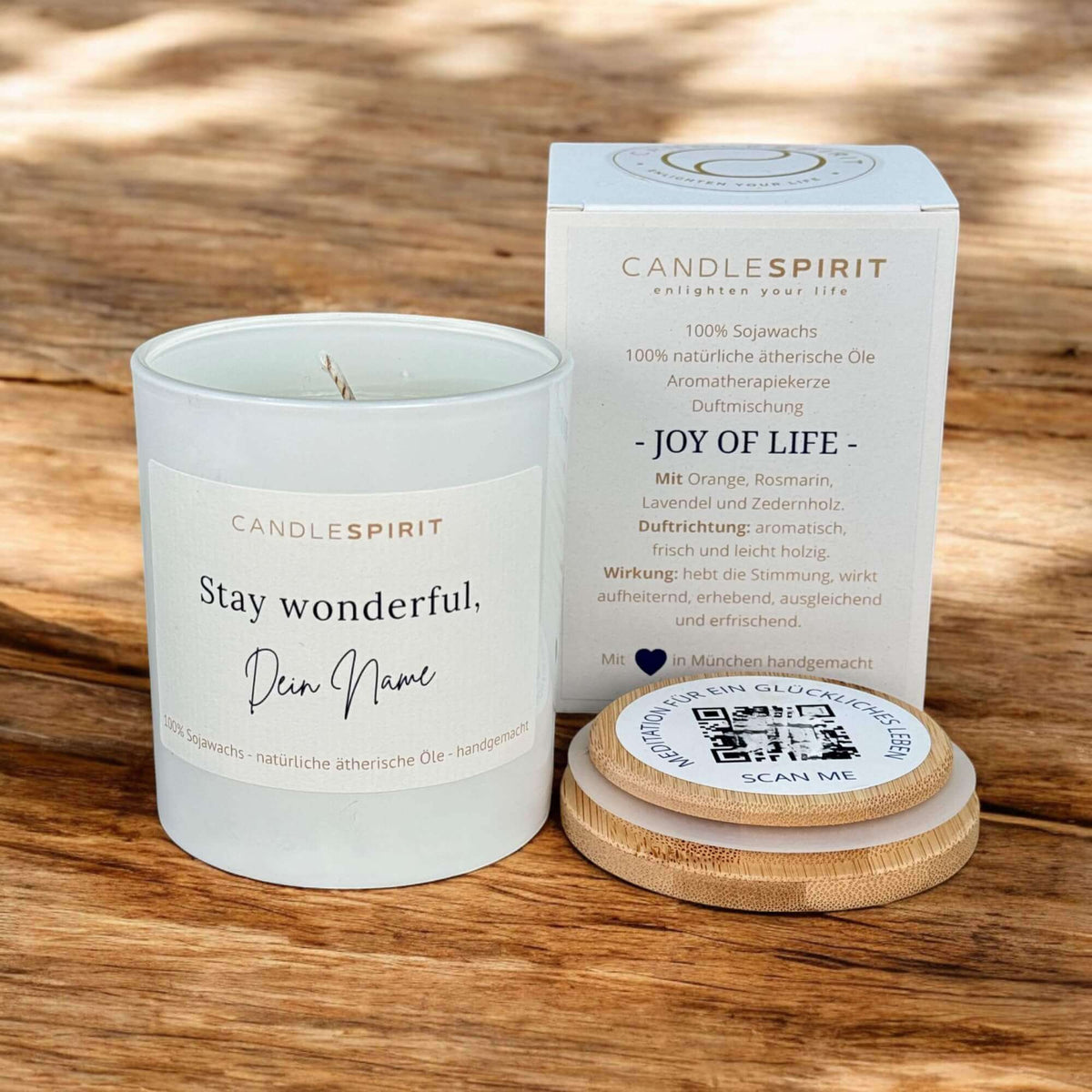 personalisierbare Duftkerze "Stay wonderful. [Name]" mit ätherischen Ölen & Audio-Meditation