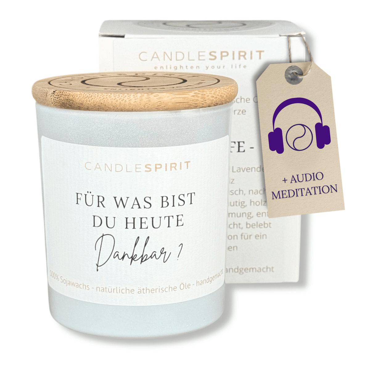 Audio-Duftkerze "Für was bist du heute dankbar?", ätherische Öle & Audio-Meditation